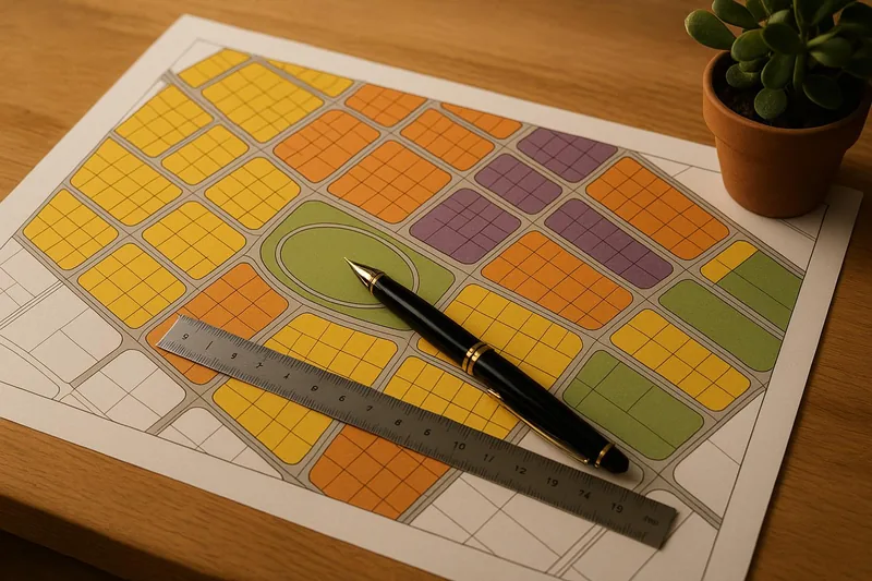 Township plans laid out flat on a desk