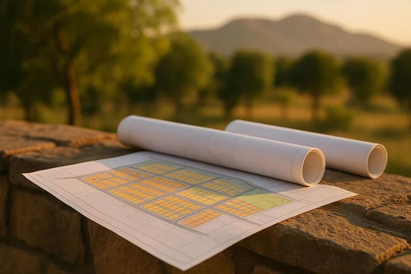 Rolled township plans on a planning table